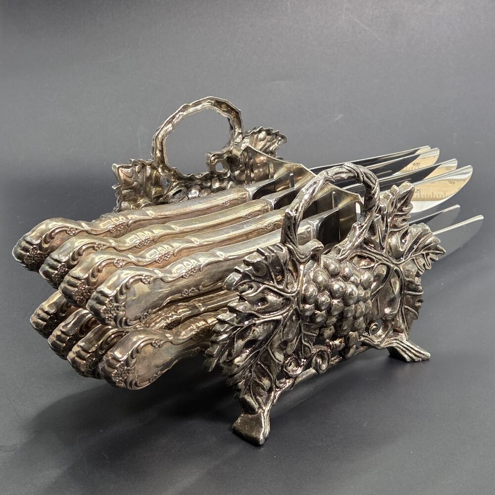 GODINGER Silver Plate Grape Leaf Knife Holder Set Of 8 Oneida Affection Knives